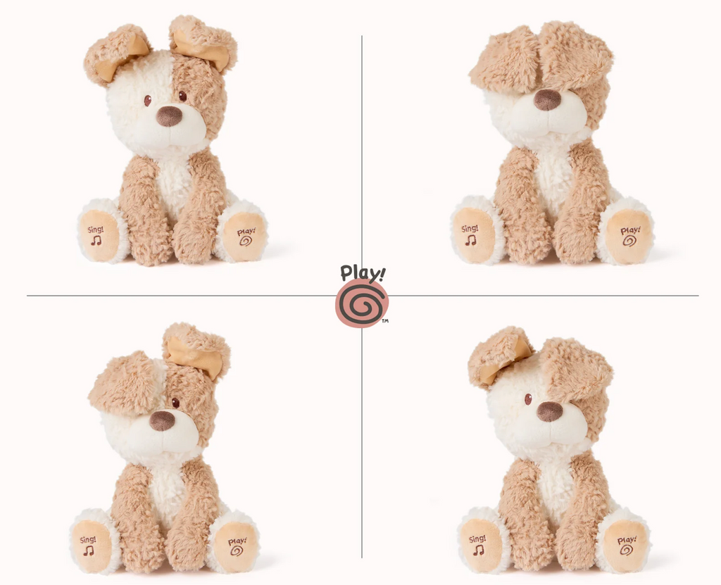Four views of Peeki the Puppy plush toy with buttons labeled 'Sing', and 'Play', with his ears in different positions in each picture. 
