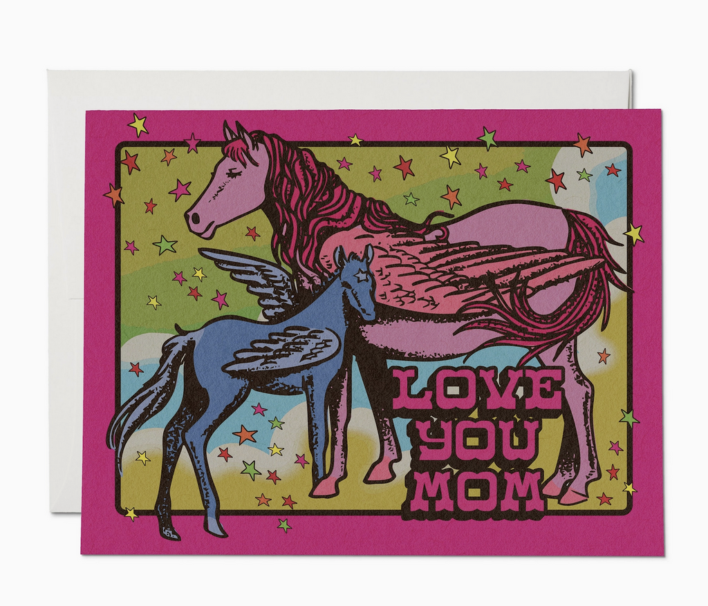 Fantastical illustration of a pink mother pegasus standing near a blue foal pegasus that reads "Love You Mom" 