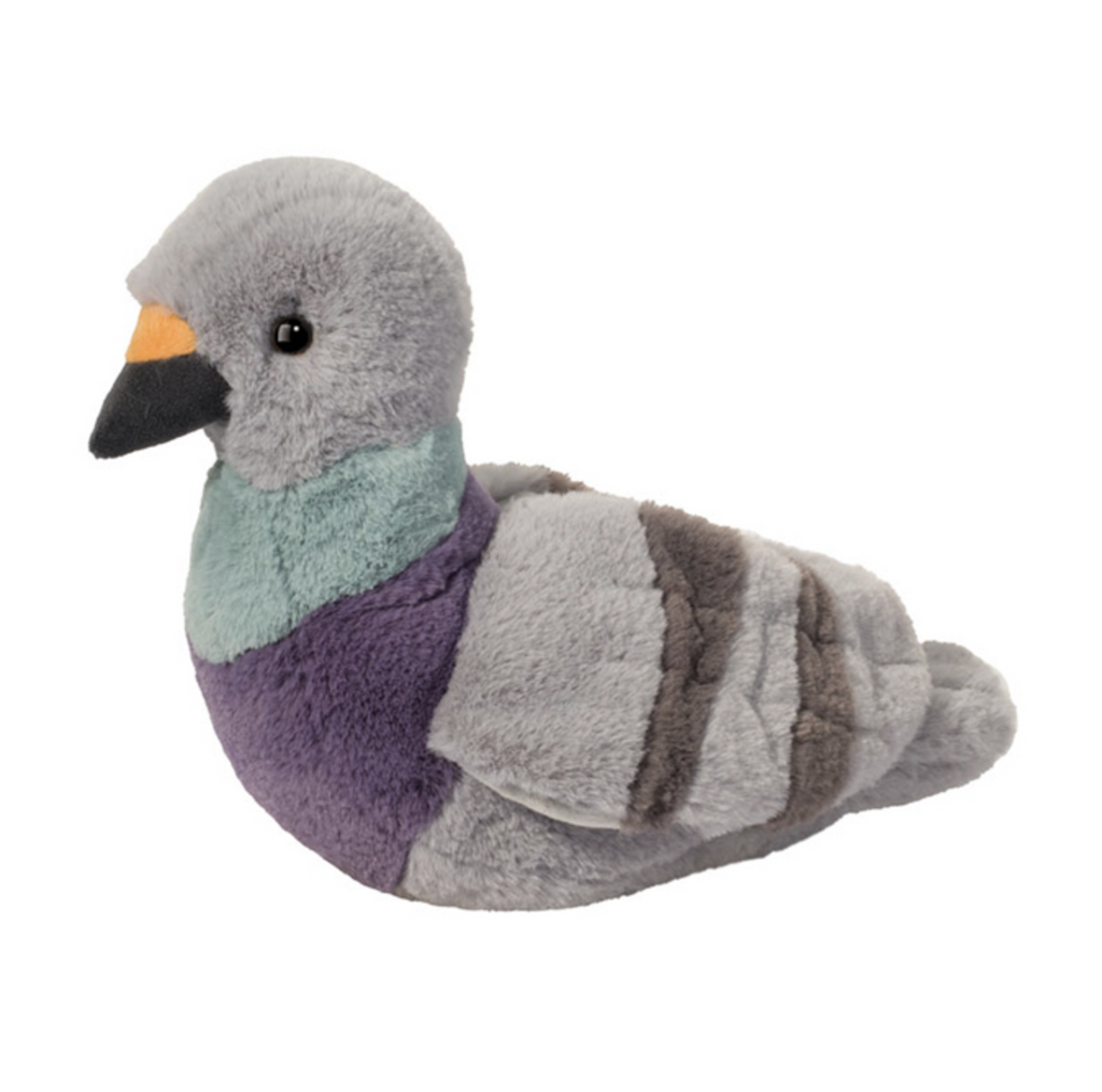 Pennie the Pigeon stuffed animal, with soft grey, green and purple coloring. 