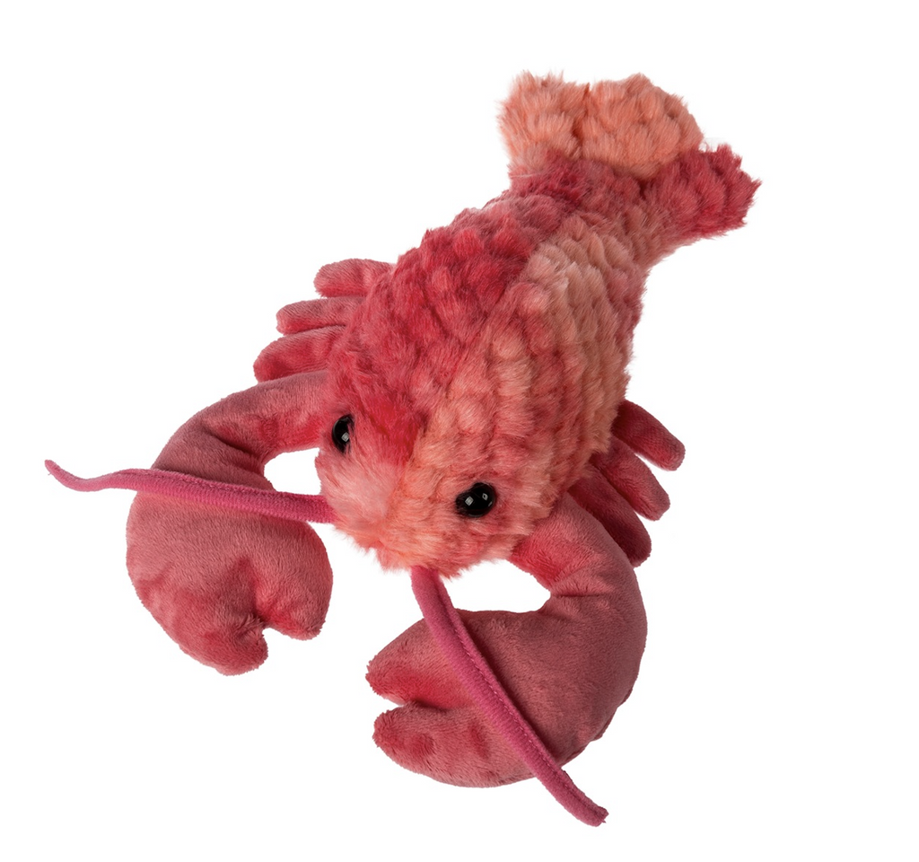 Plush lobster with textured red tie dyed plush. Front claws and antennae are in full view. 