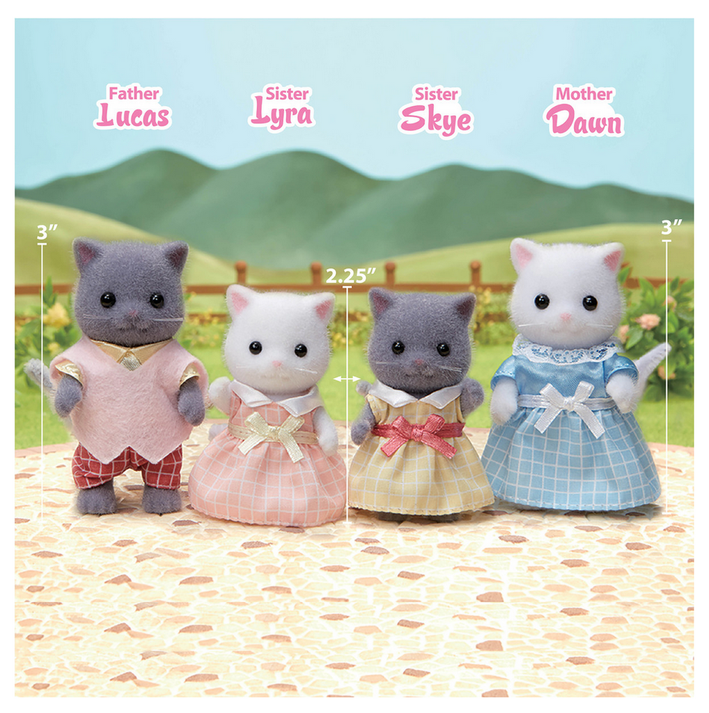Mother, Father, and twin sister Persian Cat Family figures and their measurements.