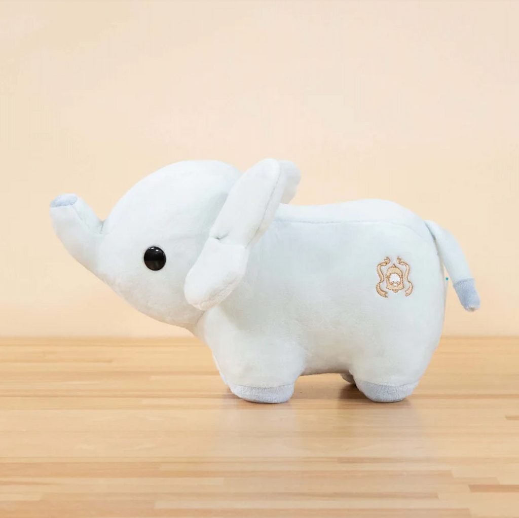 Phanti the Elephant stuffed animal viewed from the side. 