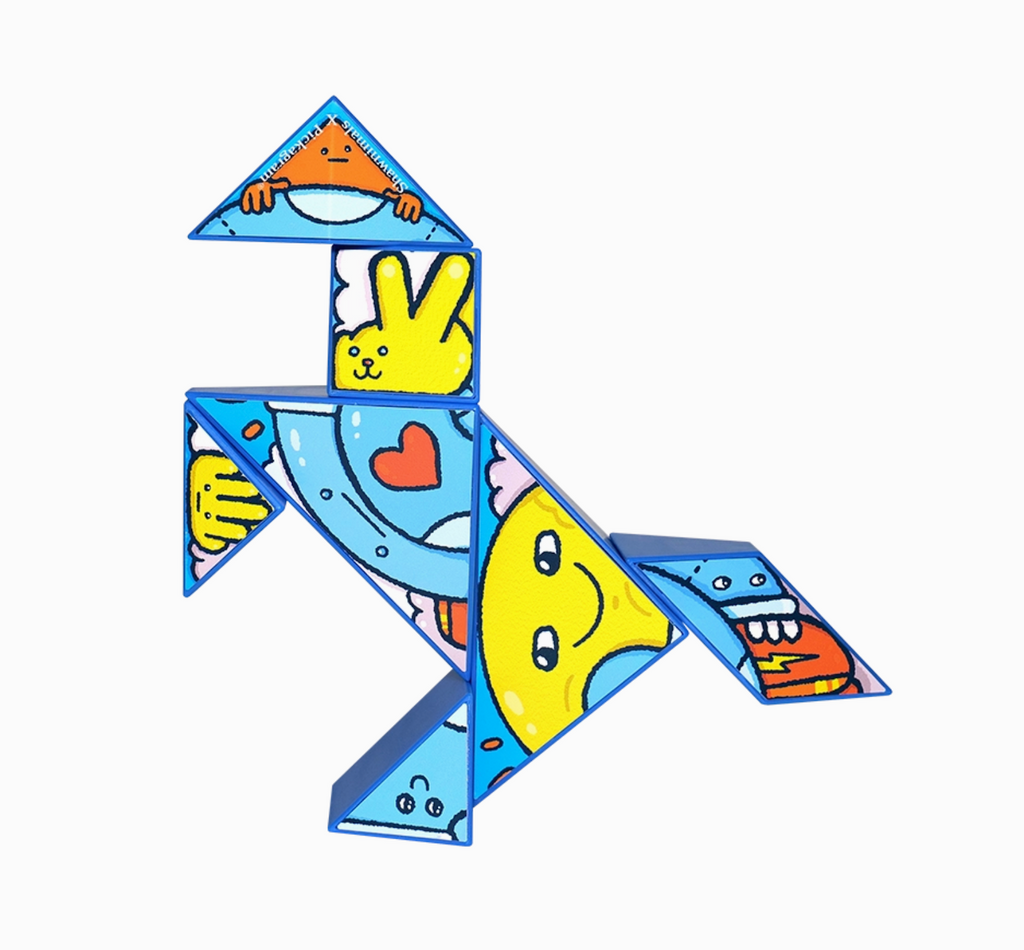 Colorful Pickagram puzzle with colorful artwork by artist Shawn Smith of Shawnimals shaped into a geometric animal. 