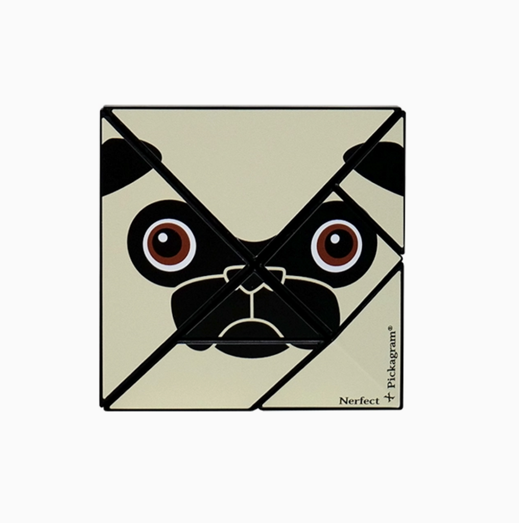 Pickagram tanagram puzzle in a cube shape with black and white Mr. Pug graphics from Mr. Walters. 