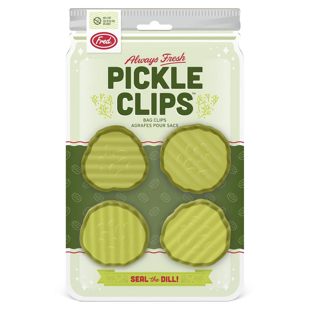 Cardboard backing card that looks like a jar of pickles with four Pickle Clips that look like pickle slices. 