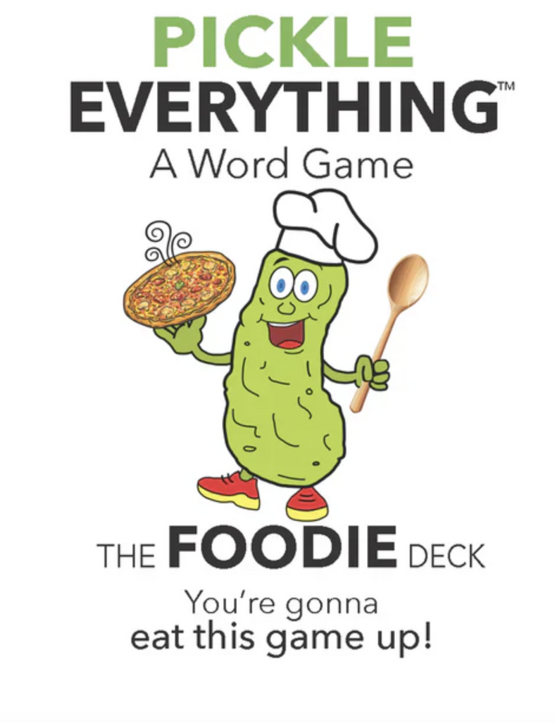 Illustrated pickle wearing a chef's hat and holding a pizza on the cover of the Pickle Everything Foodie Edition game. 