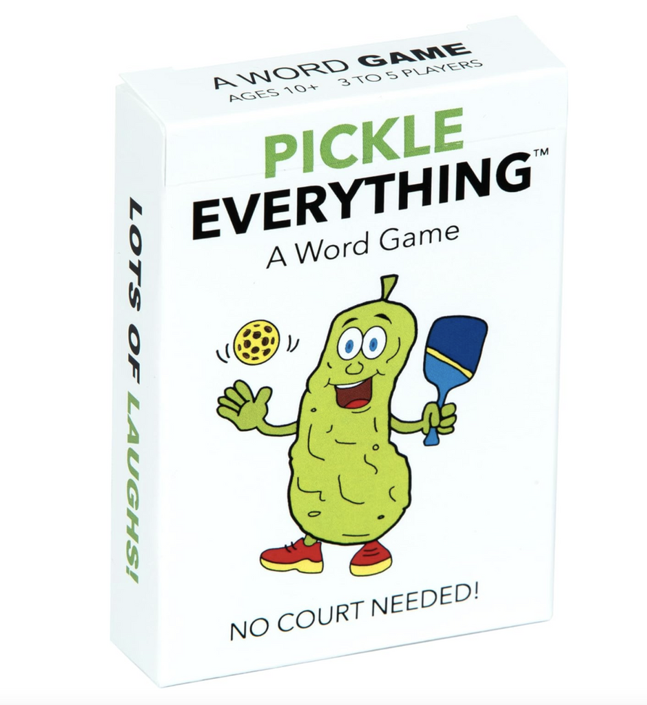 Illustrated pickle holding a picklball paddle and ball on the cover of the Pickle Everything gmae box. 