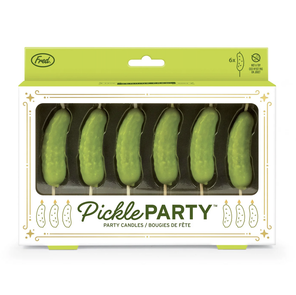 Pickle Party candles packed in a windowed box with gold foil accents. 