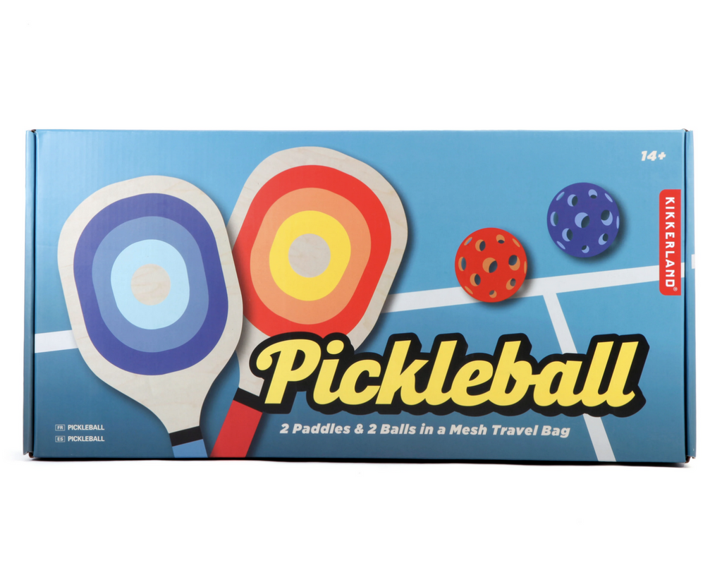 Blue box with a picture of the pickleball paddles and balls. 