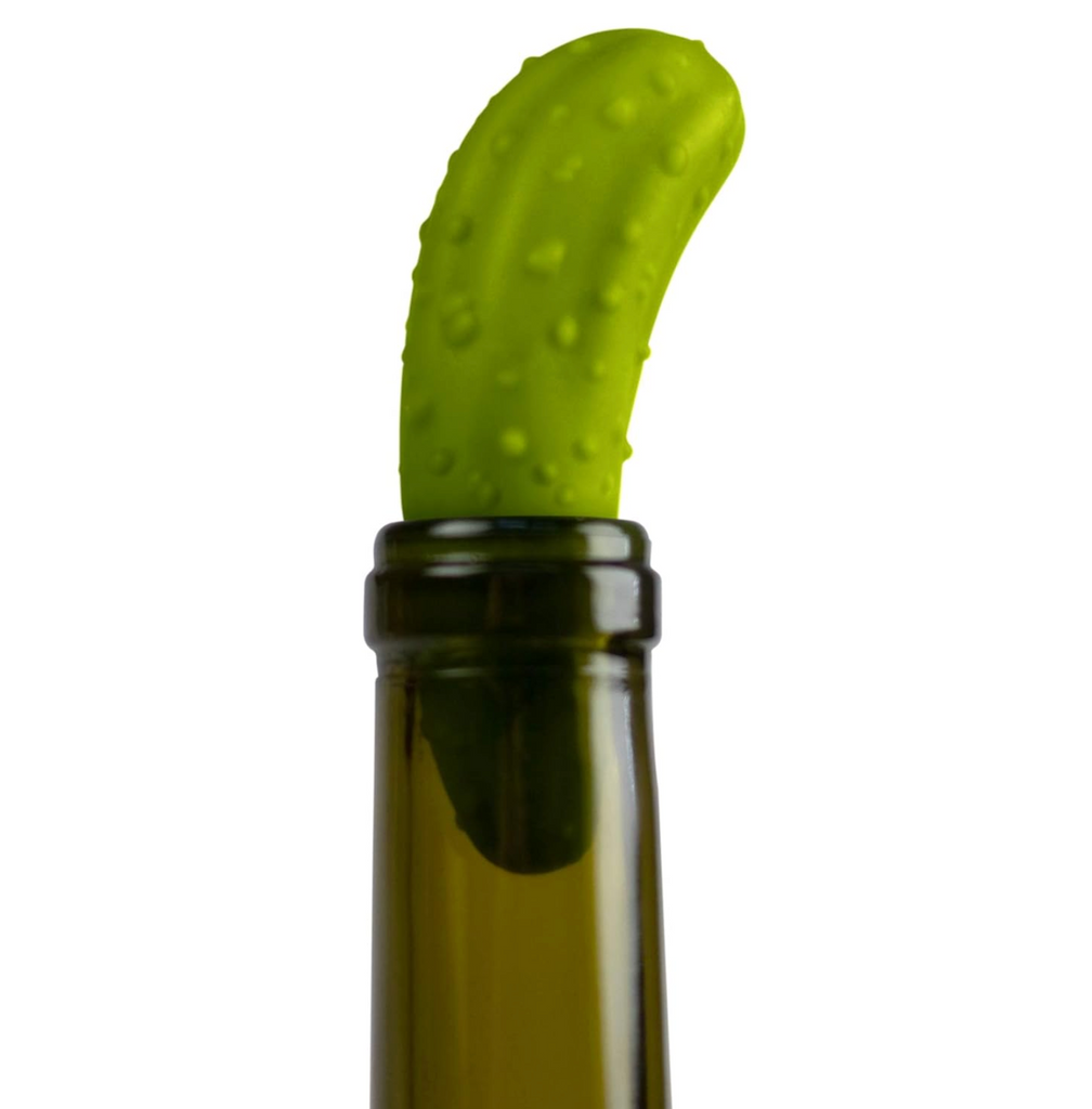 The Pickled Bottle Stopper that is shaped like a green pickle in a wine bottle. 