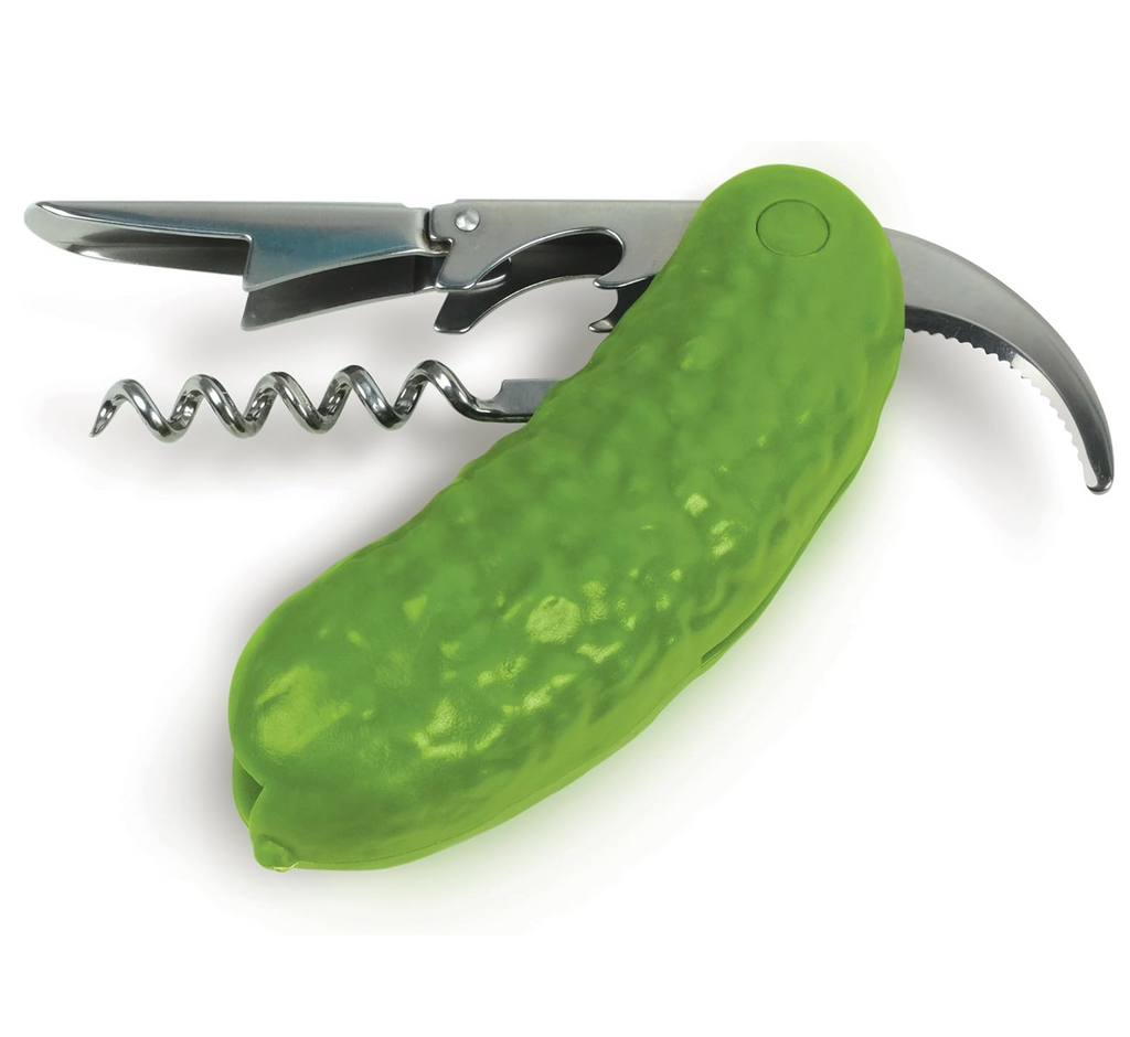 Pickle corkscrew with each of the tools extended. 