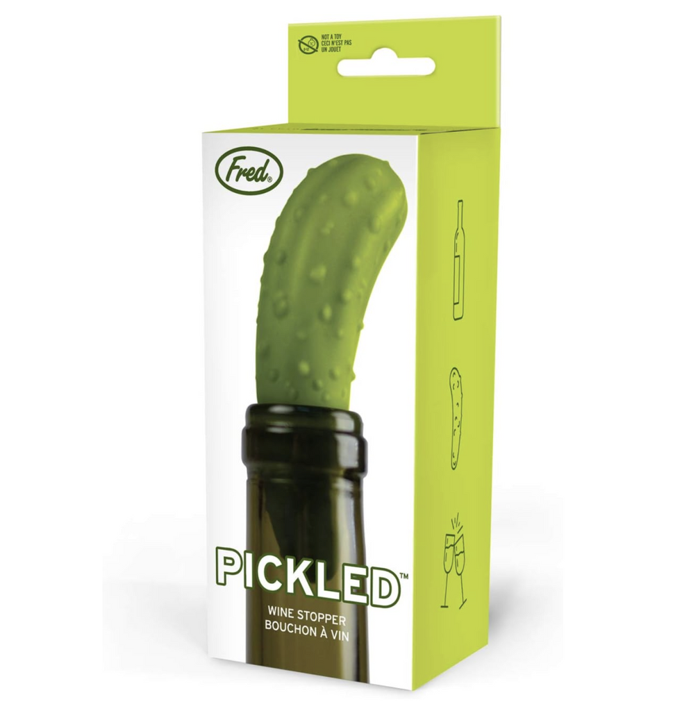 The Pickled Bottle Stopper that is shaped like a green pickle.