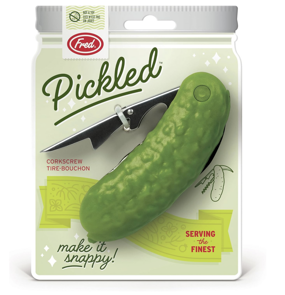 Corkscrew shaped like a dill pickle on a hangcard that looks like a jar. 