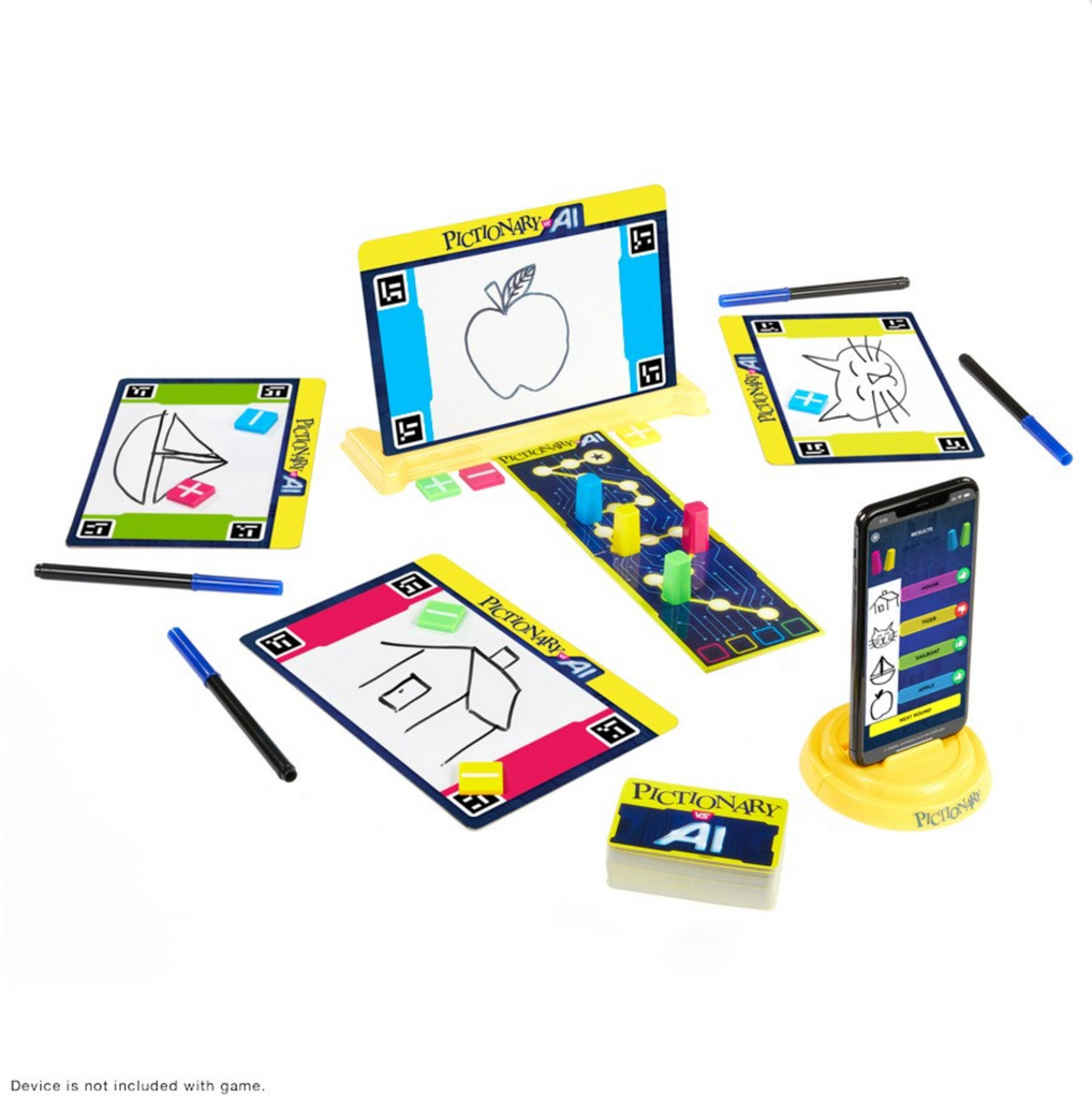 Pictionary dry erase boards, play cards, scoring track, dry erase markers, and a stand for a smart phone or tablet.