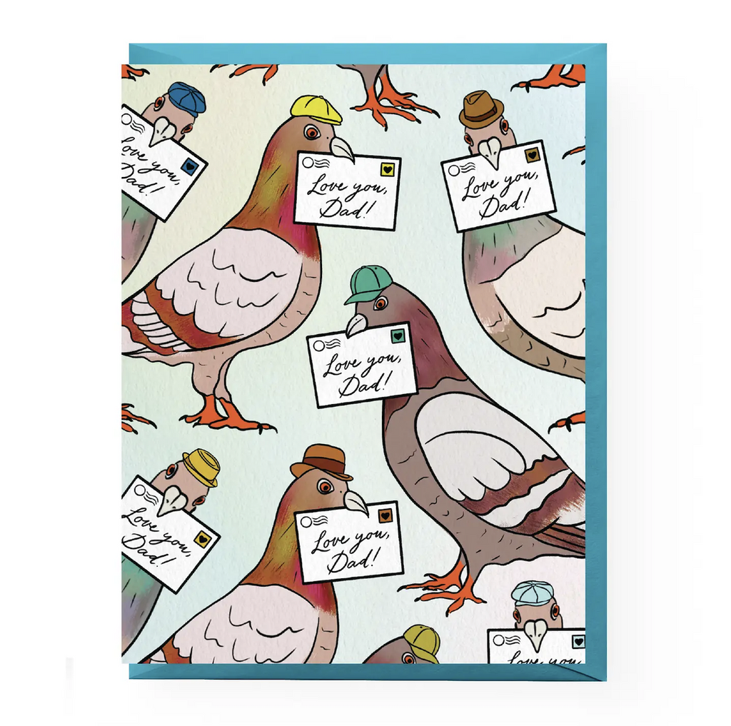 An illustrated greeting card featuring pigeons wearing all different types of hats carrying postcards in their beaks that read "Love You Dad!"