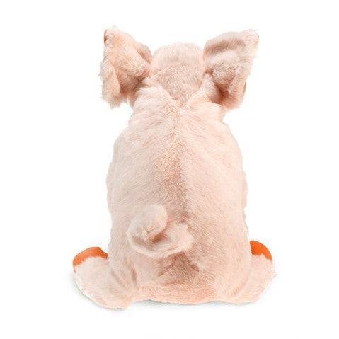 Back view of sitting Piglet puppet showing off the cutest curlicue tail. 