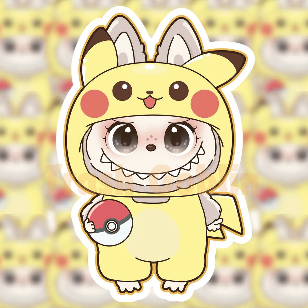 Die cut vinyl sticker of Labubu wearing a Pikachu costume and holding a poke ball. 