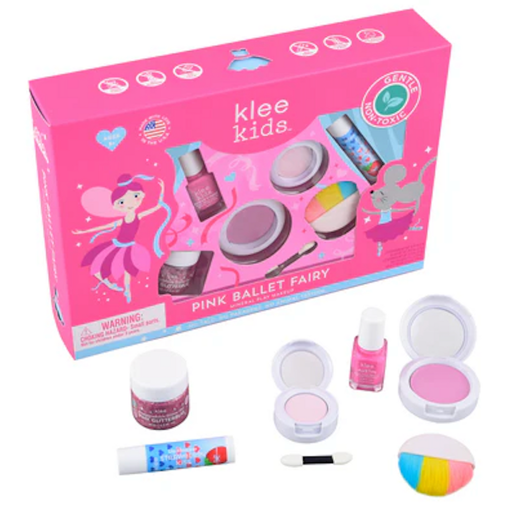 Klee Kids Pink Ballet Fairy makeup set with pink box and each item in front of the box. 