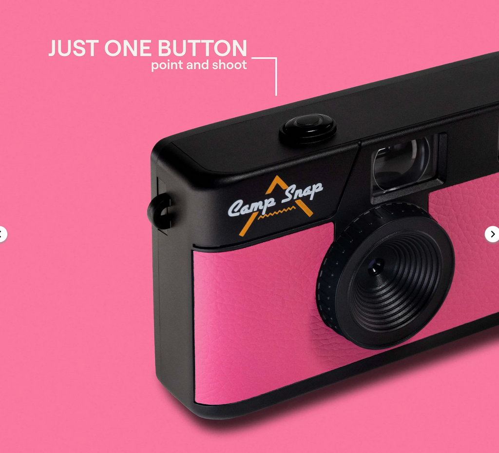 Pink and black camera with 'Camp Snap' branding on a pink background