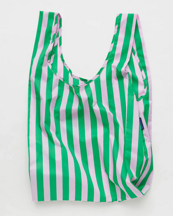 Pink Green Awning Stripe standard Baggu nylon reuseable bag. 
