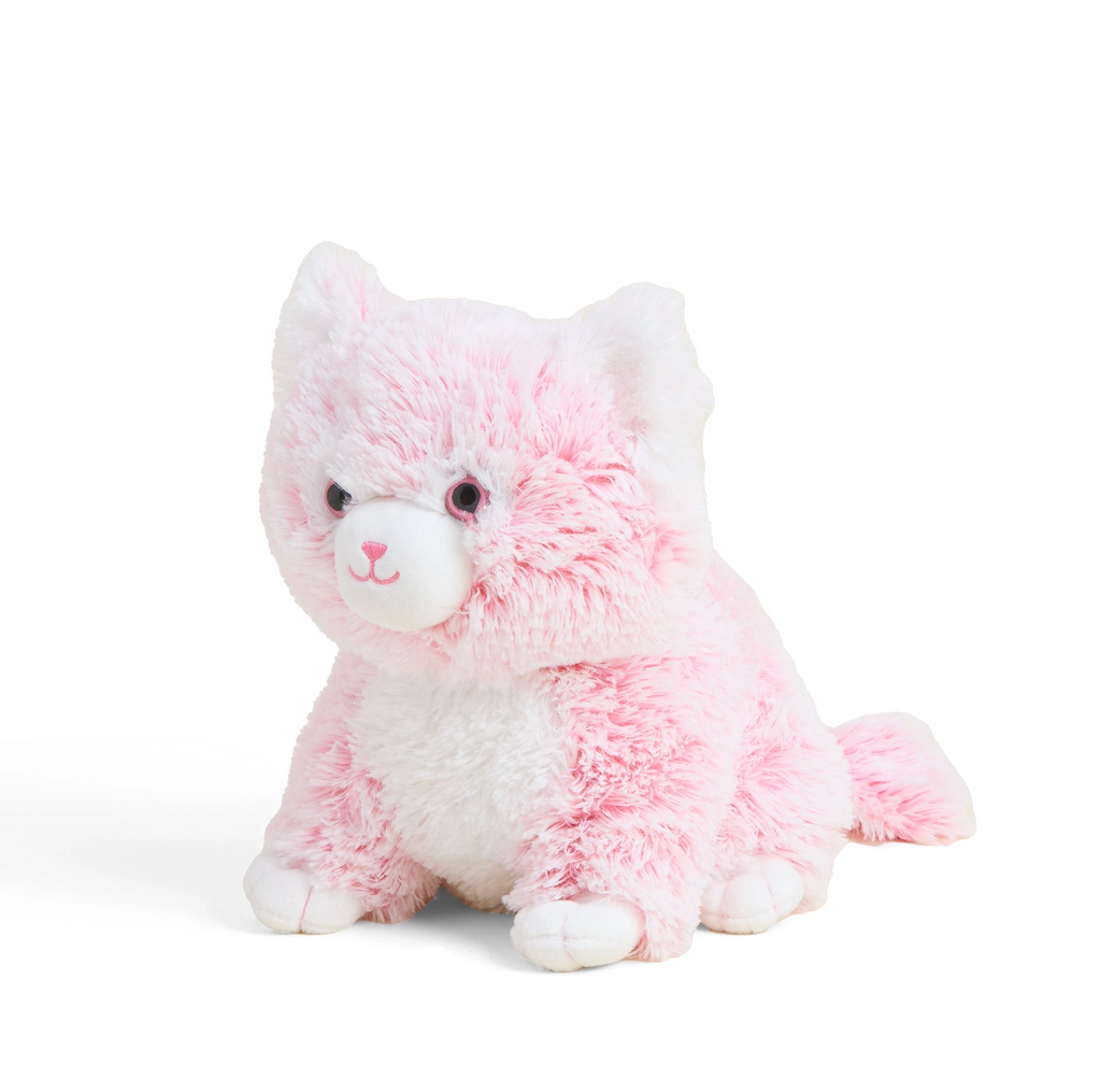 Pink Kitten Warmies weighted stuffed animal viewed from the side. 
