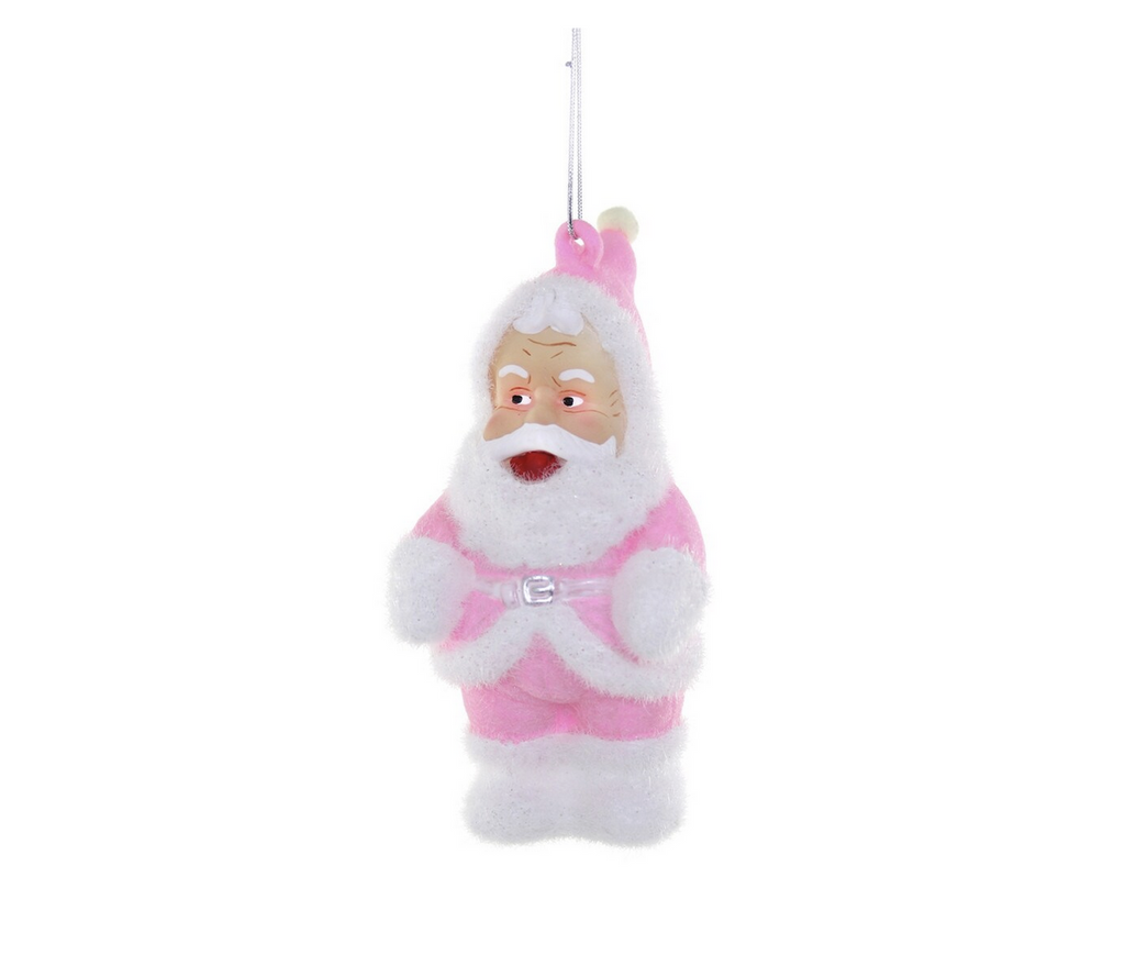 Pink and white kitschy Santa glass ornament.