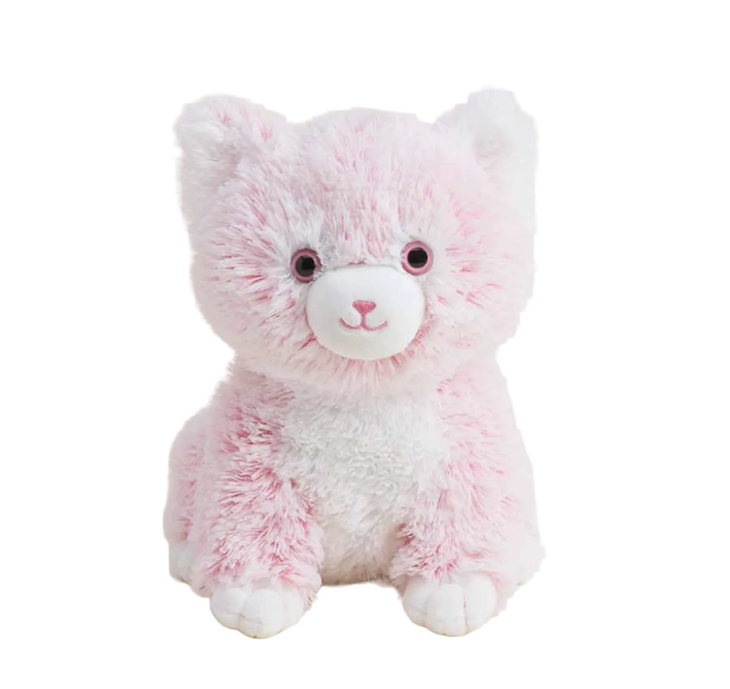 The cutest pink kitten stuffed animal that is also weighted. She is facing forward in a seated position. 
