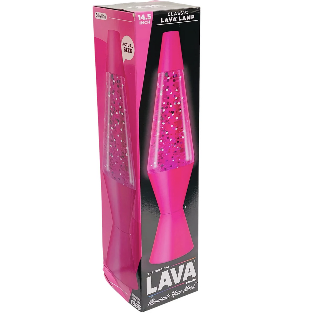 Pink Sparkle Lava Lamp pictured on all sides of it's box. 