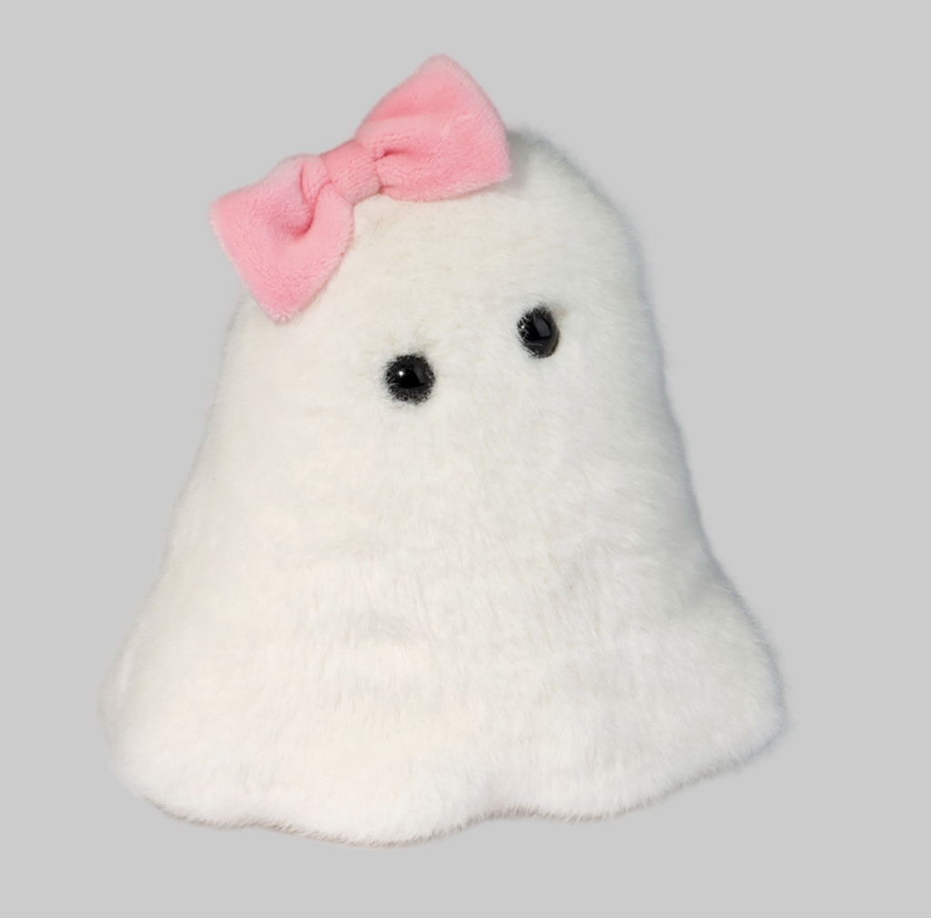 Plush white ghost with black eyes and a pink bowtie.