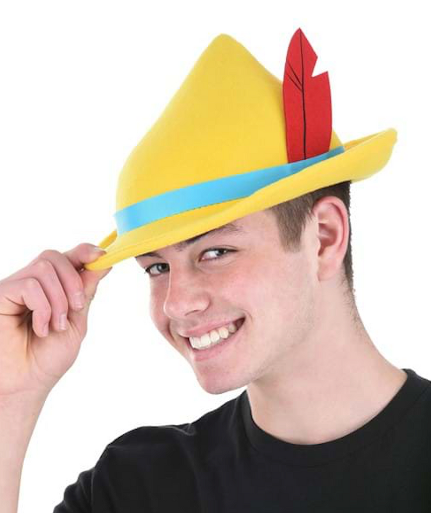 A young man wearing the Pinocchio hat. 