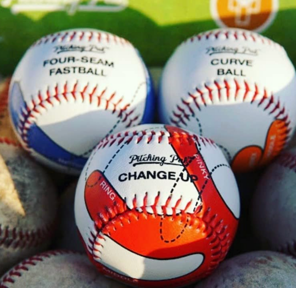 Pitching Pal set of three baseballs with diagrams of how to grip each baseball for a curve ball, fastball, and change up pitch. 