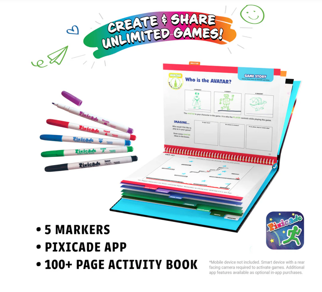 Pixicade activity book and markers on a white background.