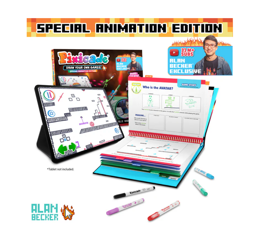 Special Animation Edition Pixicade set featuring an iPad-style drawing board, an open sketchbook, and several markers. Text at the top reads 'SPECIAL ANIMATION EDITION' and the bottom shows the 'ALAN BECKER' branding.