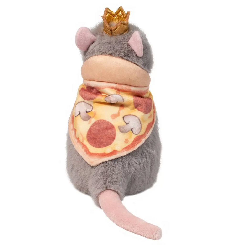 Back view of the Pizza Rat plush, the Rat Kings cape is a pizza slice with pepperoni and mushrooms.