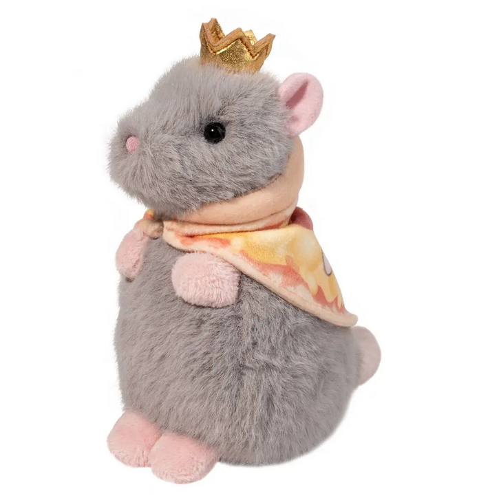 Gray plush rat with a gold crown and pizza cape.