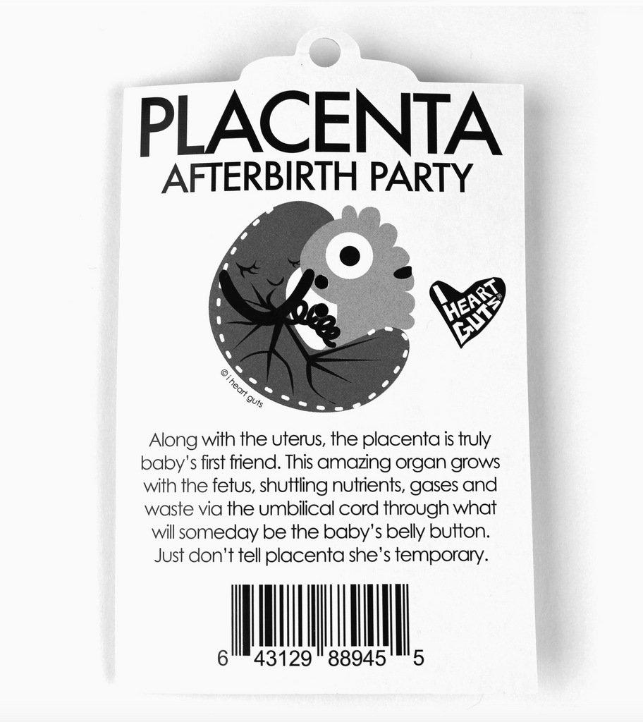 Back of the backing card that holds the placenta keychain. With information about the placenta.