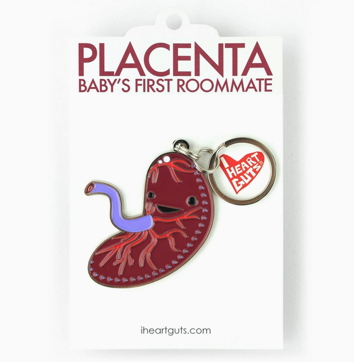 Illustrated enamel placenta keychain with siver keyring.