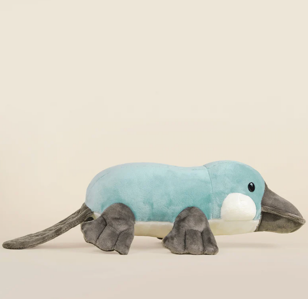 Plati the Platypus with blue and dark grey features viewed from the side. 
