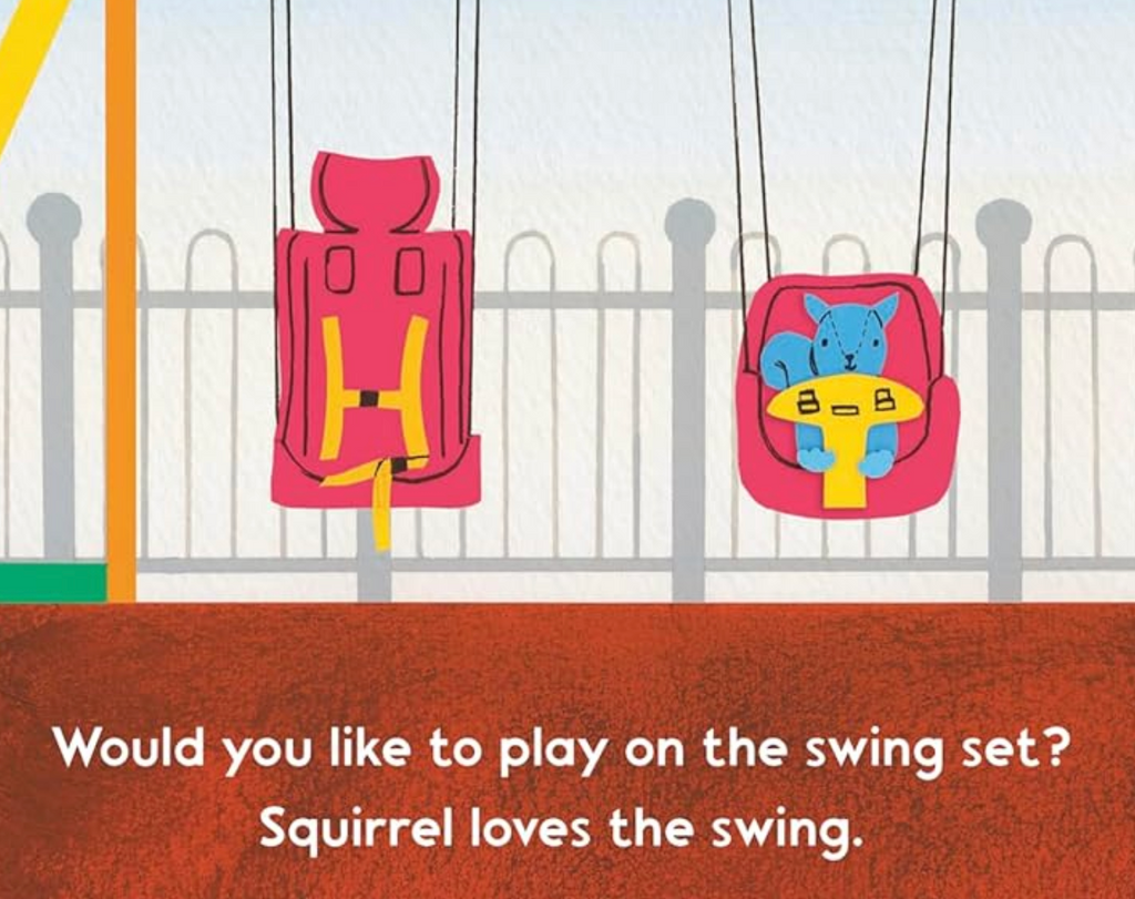 Interior page from "Play Outside with Me"  of squirrel the plushie in a swing. 