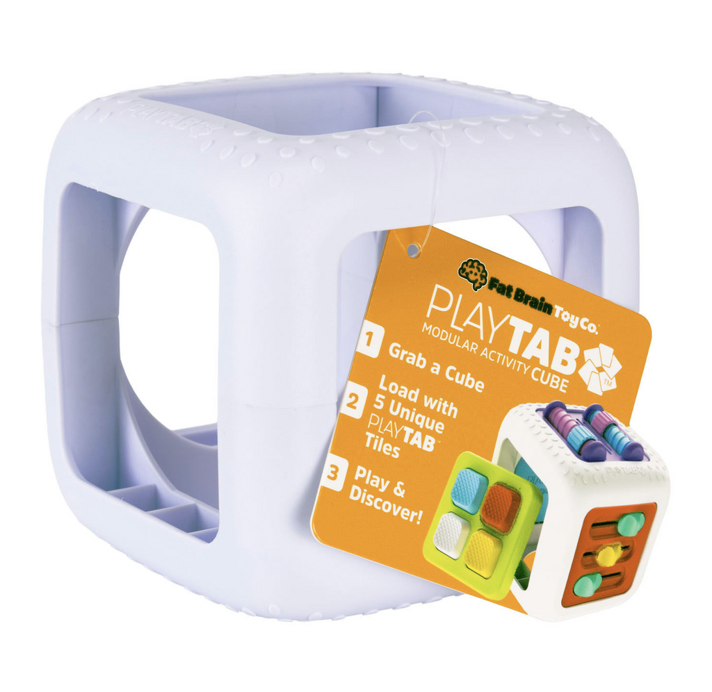 The PlayTab Modular Activity Cube, a white cube shaped toy with open sides that can be customized with any of the PlayTabs tiles. 