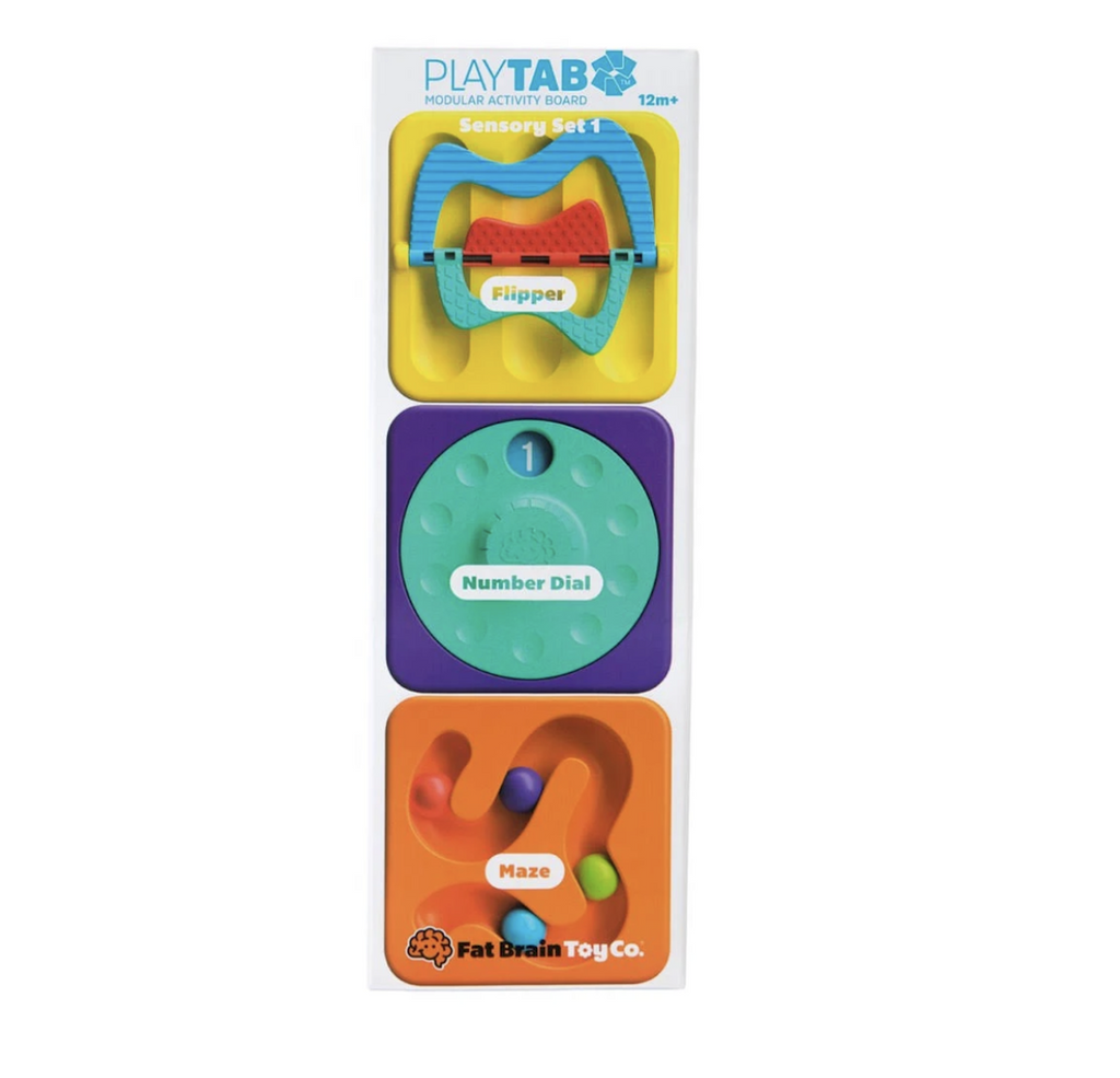 Play Tab Sensory Set 1 with three tiles that can be attached to the Play Tab board (Sold Separately) Sensory Set 1 includes a magnetic tile with three different size flippers, a number dial, and a bead maze. 