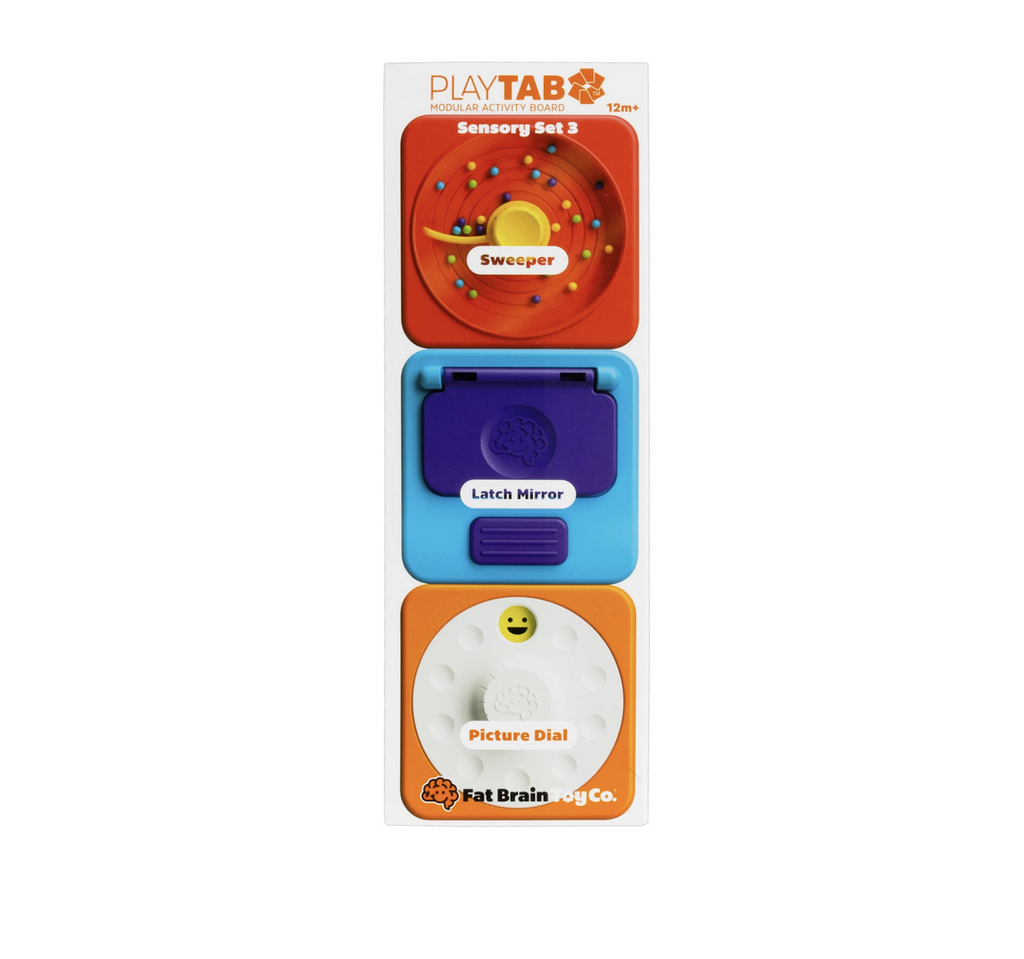 Play Tab Sensory Set 3 with three tiles compatible with the Play Tab Board. This set includes a bead sweeper, latch mirror, and a picture dial. 