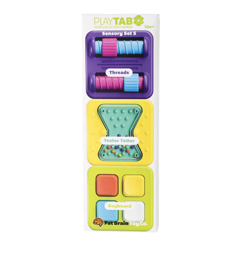 Set of three PlayTab tiles with bright colors and sensory activities including twisting threaded rollers to teeter totter beads and pressing tactile buttons. 