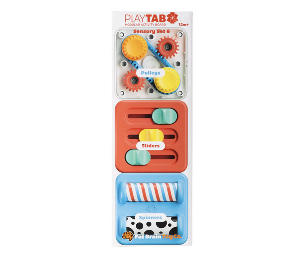 Play Tab Sensory Set 6 a colorful set of tiles with sensory activities such as spinning gears, sliding colorful knobs, and turning brightly colored pulleys.