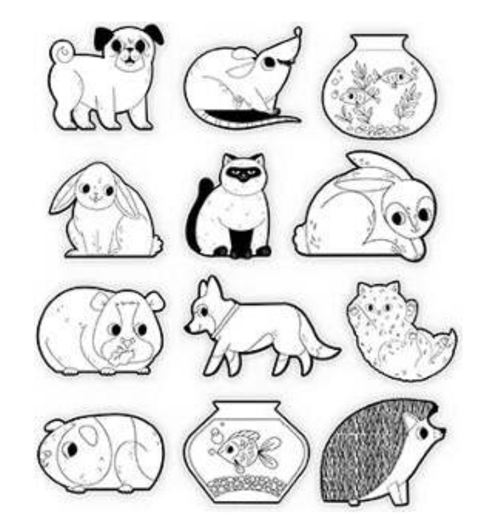 Balck and white sheet of stickers of all types of pets.