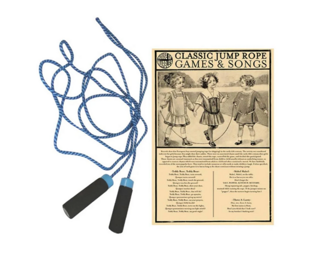 Blue jump rope with black handles and an instruction sheet for classic playground games and chants. 