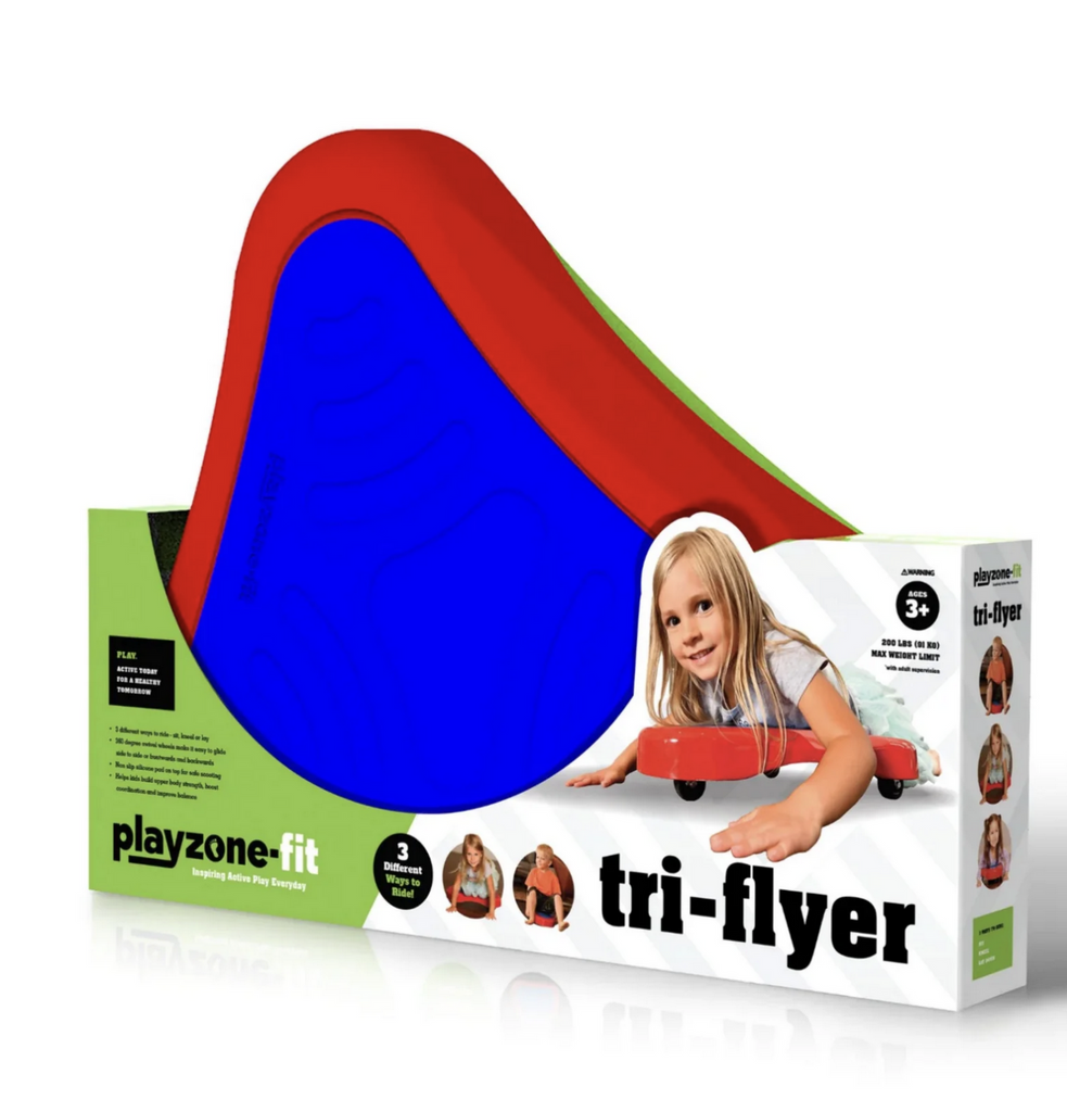 The Tri-Flyer has a blue seat with red trim and is packaged in a half box. 