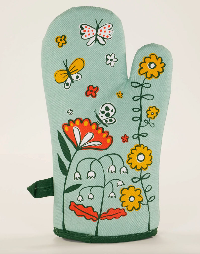 Light blue oven mitt with illustrated flowers and butterflies. 