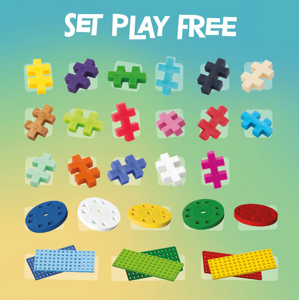 Colorful Plus Plus building block pieces with various colors on a gradient background.