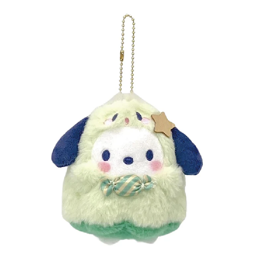 Pochacco stuffed animal wearing a light green ghost costume, holding a piece of candy and hanging from a gold tone ball chain. 